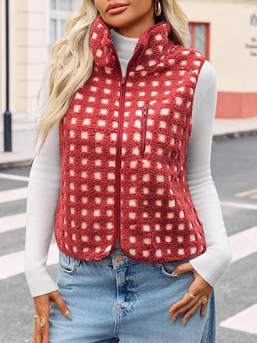 Tankaneo Womens Checkered Sherpa Vest Fleece Fuzzy Zip Up Sleeveless Jacket | Fleece Vest Women, Casual Sleeveless, Winter Warm, Outwear, thumbnail 2