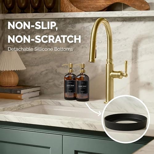 Vine Creations Amber Glass Soap Dispenser, 2 Pack Kitchen Soap Dispenser Set with Stainless Steel Pump, 16 oz Dish Soap and Hand Soap Dispensers for Bathroom with Waterproof Labels and Protective Pads thumbnail 4