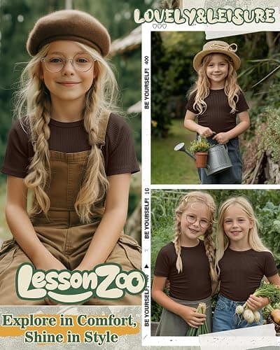 LessonZoo Girls Short Sleeve Shirts Kids Ribbed Knit Side Ruched Tops Crew Neck Slim Fit Tees Summer Basic Cute 5-14 Years thumbnail 2