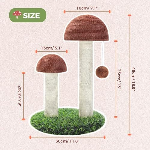 PETEPELA Cat Scratching Post, Mushroom Tall Cat Scratcher Featuring with Natural Sisal Scratching Poles and Interactive Toy Ball for Kittens and Small Cats (Brown) thumbnail 2