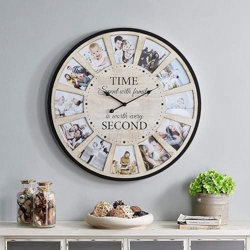 JUMBO HUMBLE 12 Photo Collage Rustic Wood Farmhouse Wall Clock, Large Family Picture Wall Clock for Living Room, Home, Kitchen, Silent Battery Powered 24 Inch Natural thumbnail 4