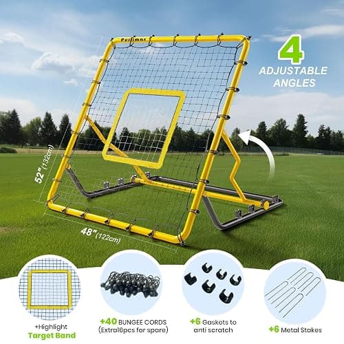 Baseball Rebounder Net,4x4.5FT Multi-Sport Pitch Back Rebounder Steel Frame with 4 Adjustable Angles, 40pcs Bungees Soccer, Volleyball&Lacrosse Trainer for Solo Fielding,Pitching and Reflex Training thumbnail 6
