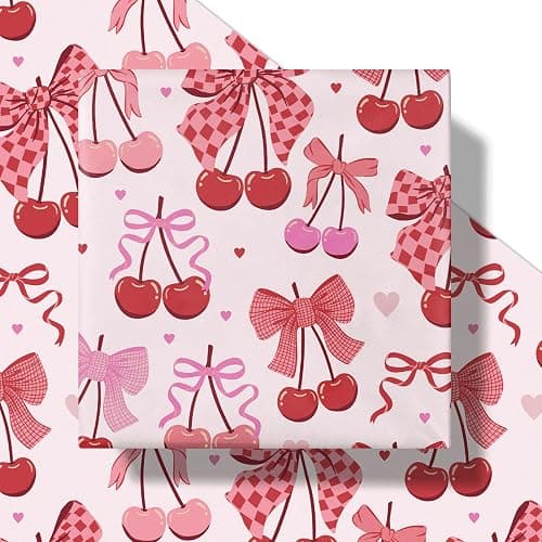 RUSPEPA Cherry Bow Wrapping Paper Roll, Valentine Gift Wrap, Pink and Red Wrap Paper for Girl Birthday, Valentine's Day, Bachelorette, Galentines, 17 Inch x 16.4 Feet thumbnail 2