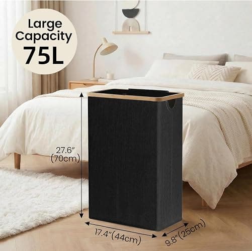 efluky Slim Laundry Basket with Lid, Narrow Laundry Hamper with Removable Bag, Skinny Dirty Clothes Basket with Bamboo Handles for Bathroom, Bedroom & Laundry Room, 75L Black thumbnail 3