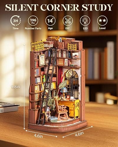 Rolife DIY Book Nook Kits for Adults, Miniature Dollhouse Booknook Kit, 3D Wooden Puzzle Creative Decorative Bookends Bookshelf Diorama Insert Crafts Hobbies Gifts (Silent Corner Study) thumbnail 3
