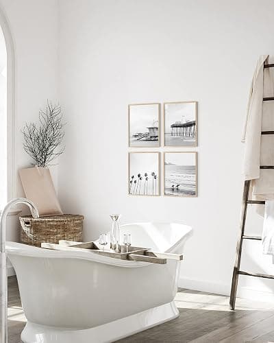 HAUS AND HUES Black and White Beach Wall Art – Set of 4 Ocean-Themed Posters, Coastal Minimalist Beach Decor (Beige Frame, 8x10) thumbnail 5