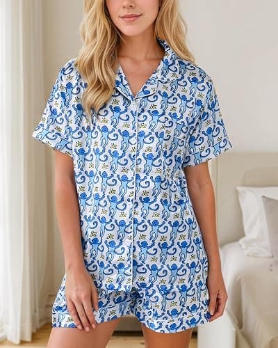 HINFEL Women Y2k Pajamas Set Silk Satin Short Sleeve Button Down Top and Shorts Monkey Sleepwear Preppy Bridal Loungewear thumbnail 5