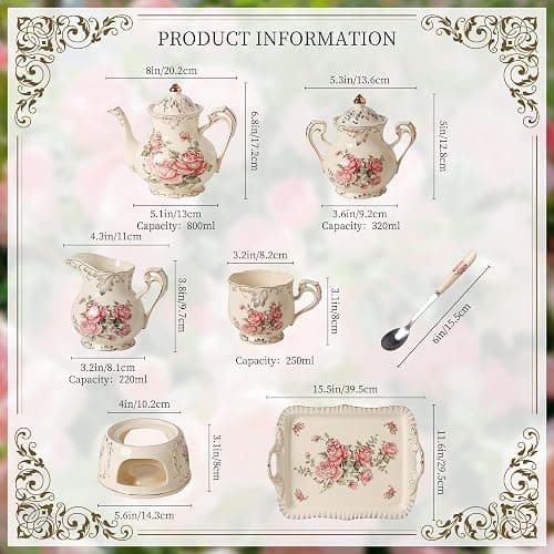 OptmAVth Ceramic Tea Set, 4 Cups and Spoons, One Sugar Bowl, One Milk Kettle, One Storage and Removeable Tray, for Home Party or Wedding Service, Pink Rose thumbnail 9