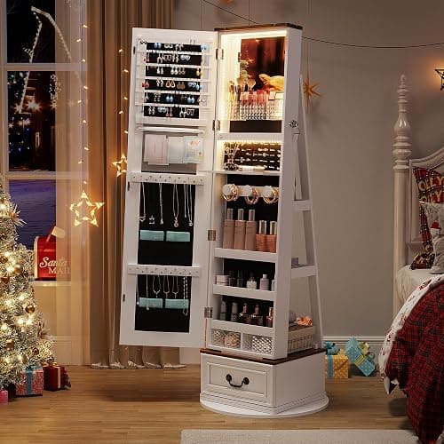 360°Swivel jewelry organizer with Full Length Mirror with Lights,Jewelry Armoire Cabinet Standing with Drawers,Large Mirror Storage for Jewelry and Makeup,Best Gift for Mom,Wife & Girls（White） thumbnail 9