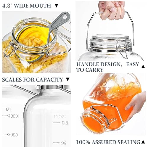 Folinstall 2 Pack 1.5 Gallon Glass Jar with Airtight Lid, 192 oz Square Wide Mouth Mason Jars with Stainless Steel Handle, Large Glass Storage Containers for Canning, Flour, Sugar, Rice, Pickled Eggs thumbnail 5