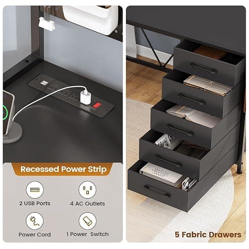 SEDETA L Shaped Gaming Desk with Drawers, L Shaped Computer Desk with Hutch and Storage Shelves, Gaming Desk with Pegboard, Led Lights, and Power Outlet, Home Office Desk, Corner Desk, Black thumbnail 5