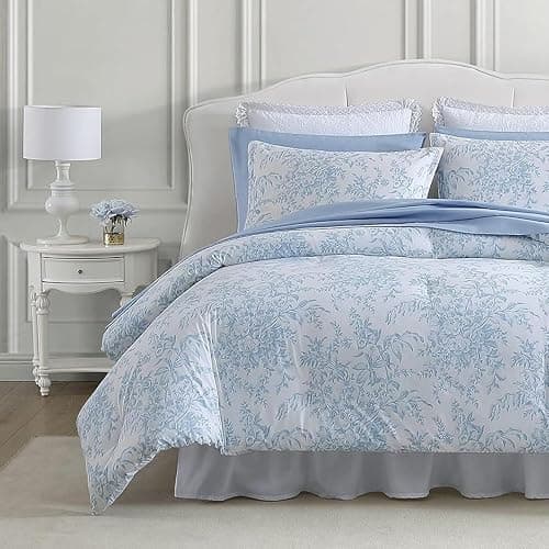 Laura Ashley – Queen Comforter Set, Soft Bedding with Matching Shams, Reversible Floral Room Decor, College Dorm Room Essentials (Bedford Blue) - Image 1