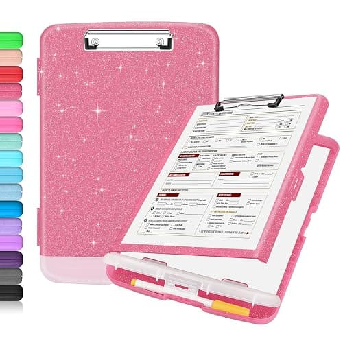Sooez Glitter Clipboard with Storage, High Capacity Storage Clipboard with Pen Holder, Cute Clip Boards 8.5x11 with Low Profile Clip, Sparkle Plastic Clipboard Case Box for Women & Kids, Side Opening - Glitter Rose Pink - Image 1