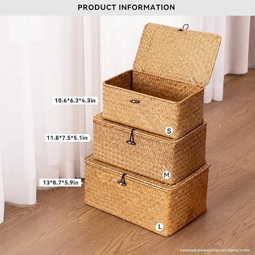 Nonam Storage Basket with Lid, Natural Seagrass Bin with Lid Set of 3, Shelf Baskets Multipurpose Container for Boho Decoration, Rectangular Household Storage Boxes for Home Organization thumbnail 3