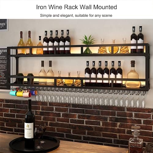 Metal Bar Shelves Wine Rack Wall Mounted Liquor Bottle Display Shelf with Wine Glass Rack and LED Light Kitchen Racks for Wine Bottles Floating Bar Mini Bar for Home Bar Restaurant Cafe Kitchen(Black, thumbnail 4