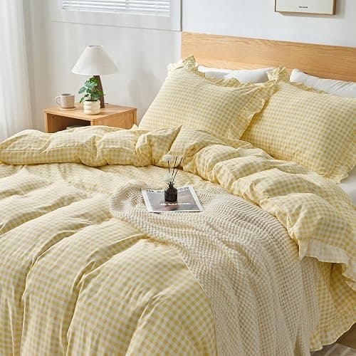 kisswish Gingham Duvet Cover Full Size, 3 Pieces Soft Breathable Microfiber Plaid Comforter Cover with Zipper Closure & 2 Pillow Shams, Ruffle Farmhouse Vintage Decor, Yellow thumbnail 6