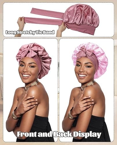 Satin Bonnet for Sleeping Cap Double Layer Hair Bonnet with Elastic Tie Band for Curly Hair Night Cap (Bean Paste + Pink) thumbnail 2