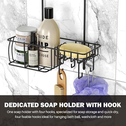 Epicano Shower Caddy Hanging, Anti-Swing Over Head Shower Caddy Rustproof with Hooks for Towels, Sponge and More, Matte Black thumbnail 8