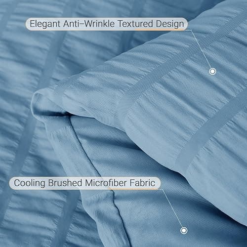 MUXHOMO 7 Pieces Queen Comforter Set, Seersucker Bed in a Bag Queen Size, All Season Luxury Bedding Set with Comforter, Flat Sheet, Fitted Sheet, Pillowcases & Shams, Mineral Blue thumbnail 5