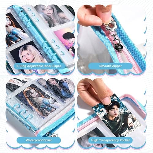 A5 Kpop Photocard Binder with 50 Card Pages,270 Slots,3 Card Slot Sizes.6-Ring Photo Card Holder Book,Cute Binder with Sparkly Clear Cover. Photo Album for K-pop Stan.（Blue) thumbnail 4