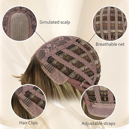 Brown Long Straight Layered Wig with Bangs for Women 26 inch Light Brown With Blonde Put on Go Realistic Synthetic Heat Resistant Natural Wig for Girls Party Cosplay and Daily Use thumbnail 6