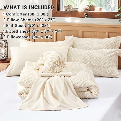 Zzlpp Queen Comforter Set 7 Pieces, Cream Tufted Bed in a Bag with Comforter and Sheets, All Season Boho Bedding Sets with 1 Comforter, 2 Pillow Shams, 2 Pillowcases, 1 Flat Sheet, 1 Fitted Sheet thumbnail 5