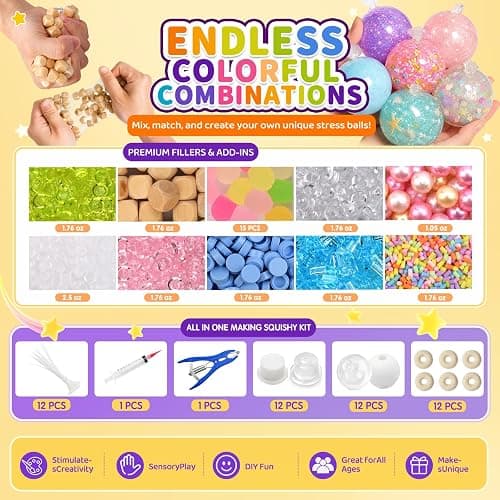 RYOXZEL DIY Stress Ball Making Kit, 12pcs Squishy TPR Ball Skins with 1lb Fillers, Make Your Own Squishies Set, Air Pump & Expander Tool Ties, Fidget Sensory Craft Kit for Stress Relief thumbnail 2