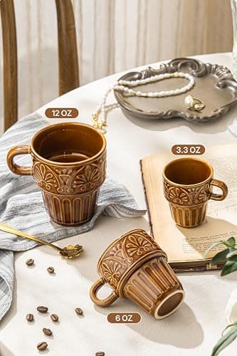 Ceramic Coffee Mug, Stackable Mug 3.3 OZ Coffee Mugs, Espresso Cups, Mugs Set of 6 for Latte Milk Hot Chocolate, for Men Women Kids, Ideal for Home Restaurant Daily Use & Holiday Gifting, Brown thumbnail 2