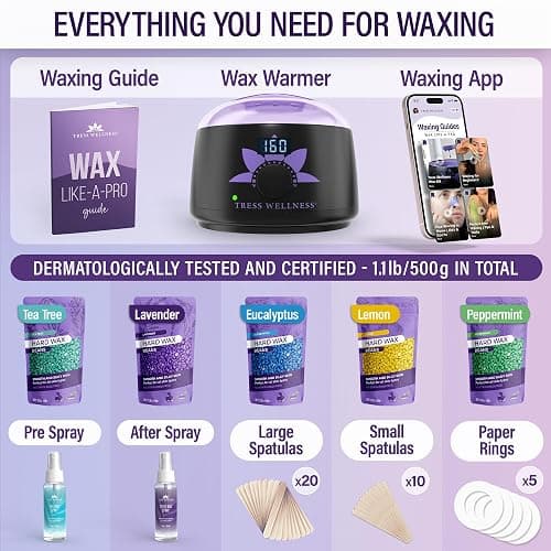 Tress Wellness Waxing Kit for Sensitive Skin – Safe for Face & Skin, Prep & Aftercare Spray, Easy to Use – At-Home Kit for Face, Bikini, Brazilian & Full Body - Digital Display, Black Purple Flower thumbnail 2