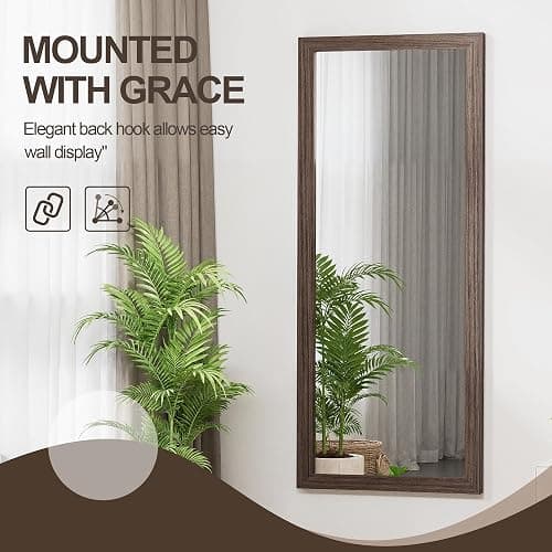 TRAHOME Full Length Wooden Mirror for Wall or Floor, 56"x20" Rustic Farmhouse Solid Wood Frame with Stand, Large Rectangular Wall-Mounted or Leaning Mirror for Bedroom, Living Room, Entryway thumbnail 4