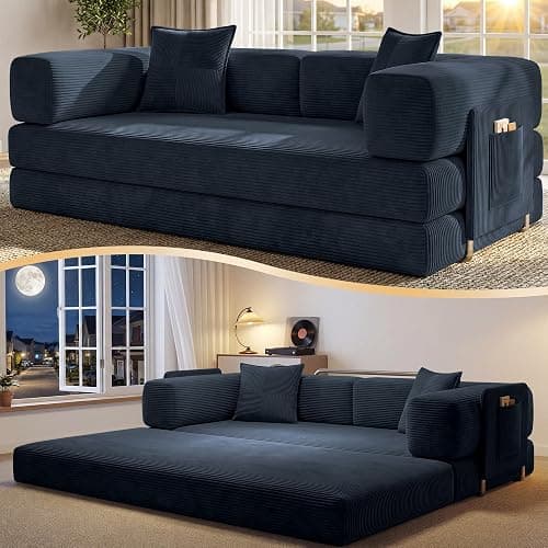 CUBENTE 78.8" Convertible Futon Sofa Bed, Boneless Couch for Living Room | Corduroy Boneless Loveseat Sleeper Sofa, Modular Futon Couch with Storage Pocket, Pull Out Couch No Assembly | Royal Blue - Image 1