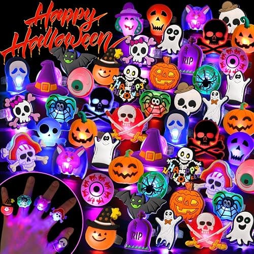Halloween Party Favors 50Pcs Trick or Treats Halloween Toys for Kids | Halloween Party Favors for Kids & Adults, Non‑candy Gift Bag Fillers, Light Up Rings for Halloween party supplies - Image 1