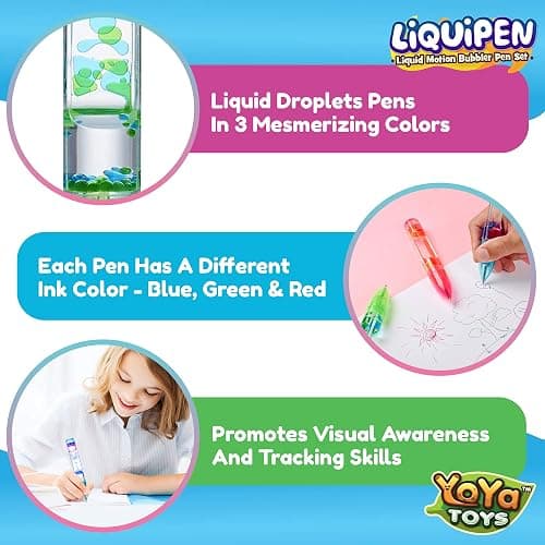 YoYa Toys Liquipen - Liquid Motion Bubbler Pen Toy (3 Pack) - 3 Colors - Colorful Timer Pens for Focus, Stress & Anxiety Relief - Fun Desk Fidget Toy for School & Office - Great Gift for Kids & Adults thumbnail 4