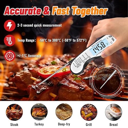 Meat Thermometer, IP67 Waterproof Digital Meat Thermometer with Backlight, Hold Function & Magnet for Grill, BBQ, Candy, Beef,Turkey thumbnail 2