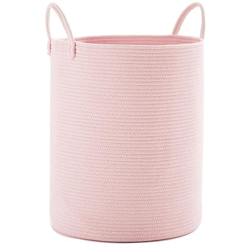 MOJOSCEND 80L Extra Large Pink Hamper Laundry Basket for Baby Girls Tall Nursery Hamper for Kids Woven Rope Clothes Basket for Little Girls Room Bedroom Light Pink Kawaii Tall Laundry Bin - Image 1