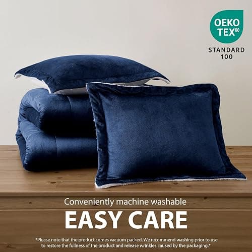 Cathay Home Twin Comforter Set: Ultra Soft and Plush Reversible Micromink and Sherpa 2-Piece Bedding Set, Navy, Twin (66" x 86") thumbnail 6