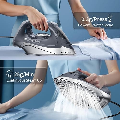 IRONDAY Steam Iron for Clothes Rapid Heating, 1700W Iron Burst of Steam, Non-Stick Ceramic Soleplate, Auto shutoff, Anti-Drip, Self-Cleaning, 10.14oz Water Tank Ironing Clothes for All Fabrics, Grey thumbnail 5
