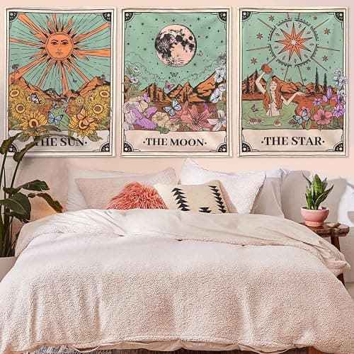 Aipon Tarot Tapestry Cute Tarot Card Tapestries 3 Pack Sun Moon Star Green Floral Flower Small Aesthetic Tapestry Wall Hanging for Bedroom Living Room Dorm (15'' × 20'') thumbnail 3