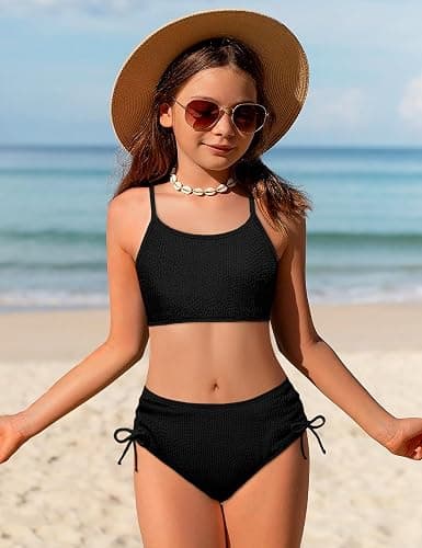 Boiltcat Girls Swimsuit Solid Color Adjustable Spaghetti Straps Drawstring Two Piece Bikini Set Girls Bathing Suit for 9-16Y thumbnail 2
