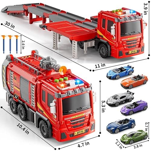 XINNOVEL Fire Trucks Toys for Toddlers Ages 3-5, Folded Carrier Truck Race Track with with Lights & Sounds and 6 Racing Car Toys, Birthday Gift for 3 4 5 6 7 8 Years Old Boys Girls thumbnail 3
