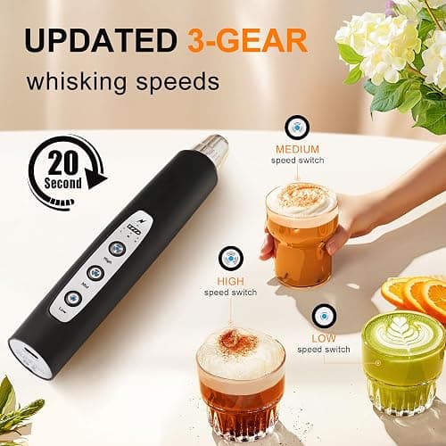 YUSWKO Black Handheld Milk Frother Wand for Coffee, Rechargeable Electric Whisk with 3 Heads 3 Speeds Drink Mixer Coffee Frother For Latte, Cappuccino, Hot Chocolate, Egg thumbnail 3
