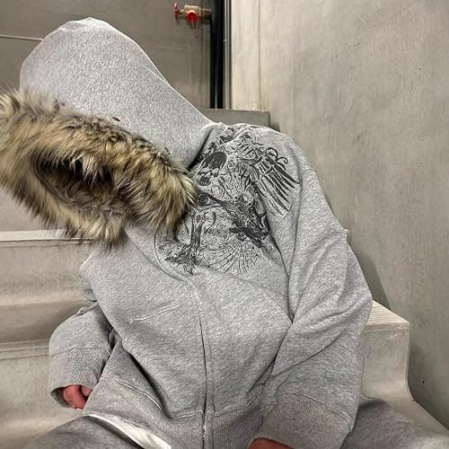 RICHTRUE Therian Fur Hood Jacket Y2k Goth Zip Up Hoodie Oversized Graphic Sweatshirt Emo Grunge Streetwear Fall Winter 2025 thumbnail 6