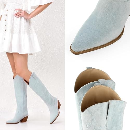iiimmu Cowgirl Boots Women Knee High Boots Pointed Toe and Block Heel Cowboy Suede and Faux Leather Boots with Embroidered thumbnail 2