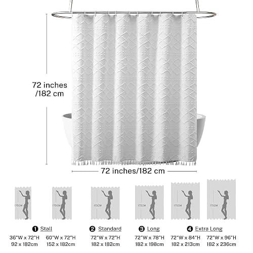 White Boho Shower Curtain Fabric Shower Curtains with Tassel 72 x 72 Modern Textured Shower Curtain Farmhouse Minimalist, Tufted Chevron Striped Shabby Chic, Water Resistant Cloth Curtain for Bathroom thumbnail 2