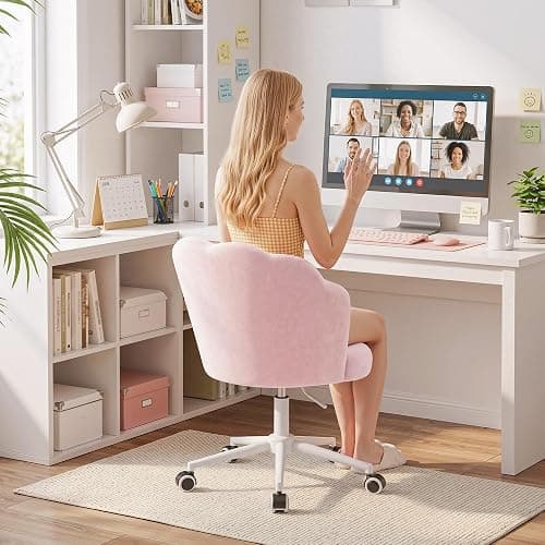 Homkdom Office Vanity Chair with Wheels, Comfy Desk Chair with Back, Armless Home Office Desk Chair Hight Adjustable & 360° Swivel, Makeup Task Chair for Bedroom, Study Room, Blush Pink thumbnail 6