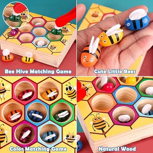 YUNCHY Toddler Fine Motor Skill Toy, Bee to Hive Matching Game, Montessori Wooden Color Sorting Matching Toy, Preschool Educational Learning Toys Gift for Toddler 3 Years Old thumbnail 6