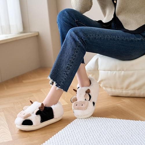 Jerzmy Cute Animal Cow Pig Men Women House Slippers, Comfy Memory Foam Cloudy Soft Slippers Plush Home Shoes for Bedroom Living Room Indoor thumbnail 2