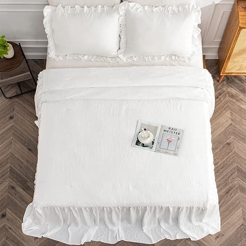 Bonlino Home Bedding Bedspread Set Quilt - Farmhouse Bedspread Summer Coverlet Bed Spreads, Lightweight Quilt Chic Vintage Bedding Ruffle Skirt Bedroom Rustic with 2 Pillow Shams (Queen, White) thumbnail 7