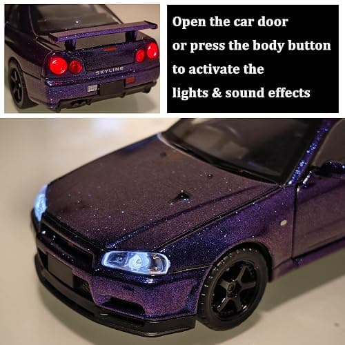 ERBADIHAGO Toy Car Skyline GTR R34 Model Car 1/32 Die-cast Metal Toys with Light and Sound Pull Back Collectible Model for Children Age 3 + Year Old Festival Gift(Gradient Purple) thumbnail 4