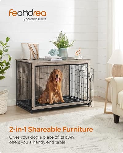 Feandrea Dog Crate Furniture, Side End Table, Heavy-Duty Modern Kennel Cage with Multi-Purpose Removable Tray, Double Doors, for Dogs up to 36 kg, Greige UPFC004G01 thumbnail 2